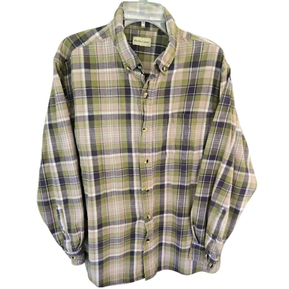 Hobbs Creek Men's XL Plaid Flannel Button Front Shirt Olive Green & Gray